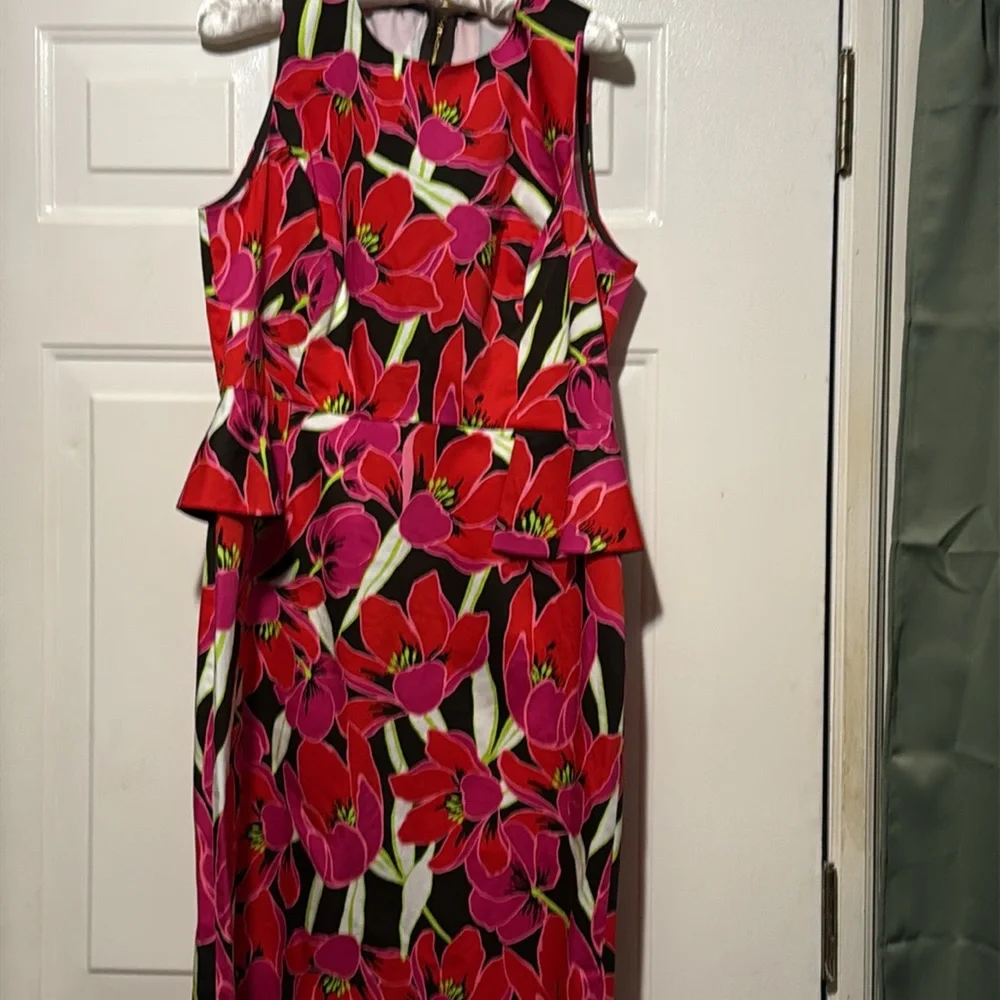KATE SPADE Sz 14 RIO SLEEVELESS PEPLUM DRESS SHEATH Floral TROPICAL RED/PINK. - Picture 14 of 16